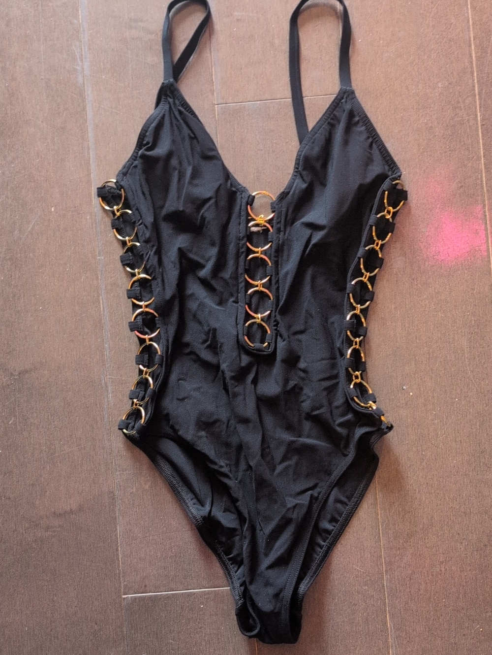 PLAYBOY Black One-Piece Swimsuit with Gold Ring Details